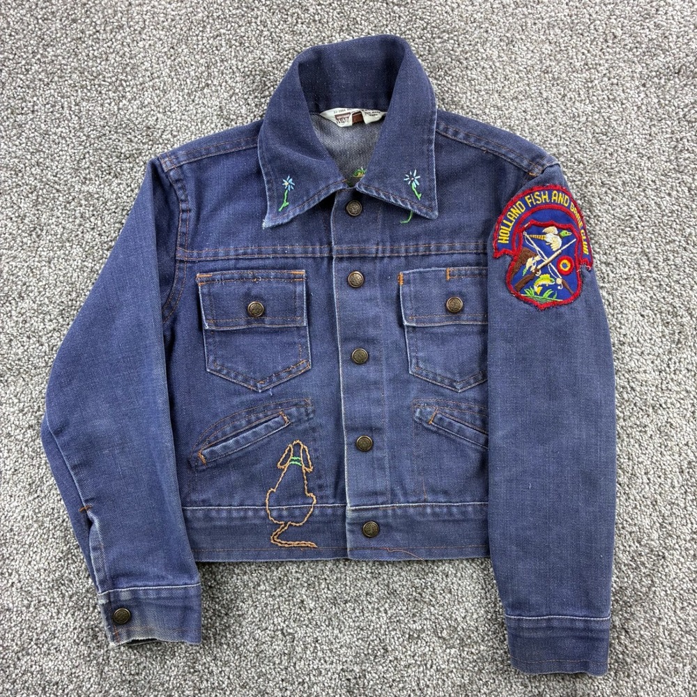 Vintage Montgomery Ward Denim Jacket Kids Small Blue Cotton Blend Embroidered